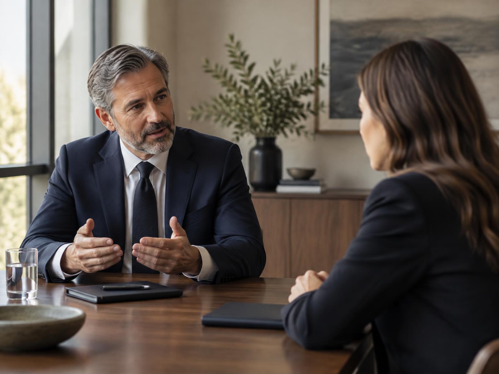 Investment advisor in conversation with a prospect across a conference table
